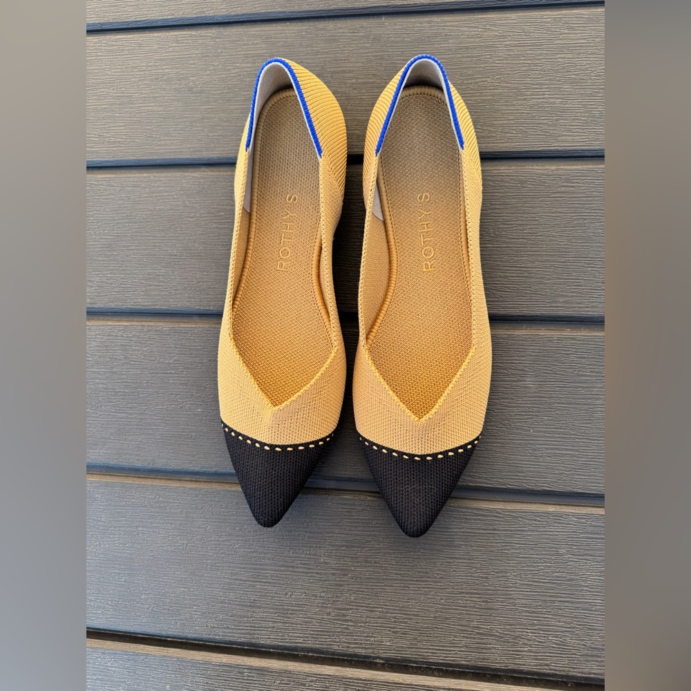 Rothy's The Point ll Camel Cap Toe Women's Black and Tan Flats - Picture 3 of 5